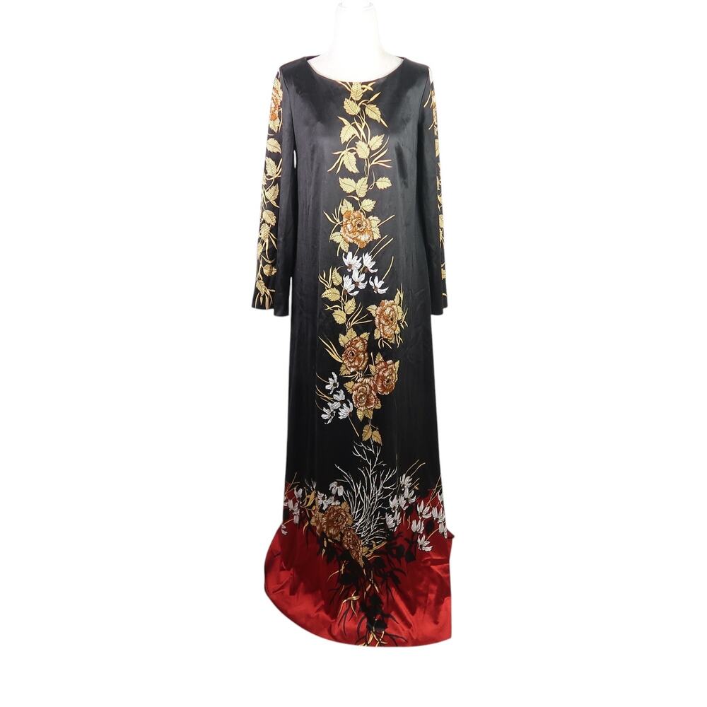 Vintage 70s Finlaw of Melbourne black and tan floral maxi dress 10